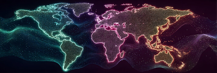 Neon Digital Wireframe World Map - Wide Banner Backgound