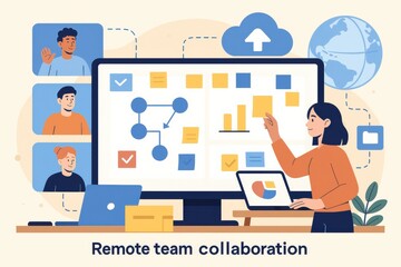 Virtual teamwork illustration depicting collaborative digital workflow and connectivity for online