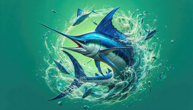 Energetic Atlantic blue marlin leaps surrounded by smaller fish on teal canvas with splashes. Great for sport fishing tees, souvenirs, and marine hobby designs