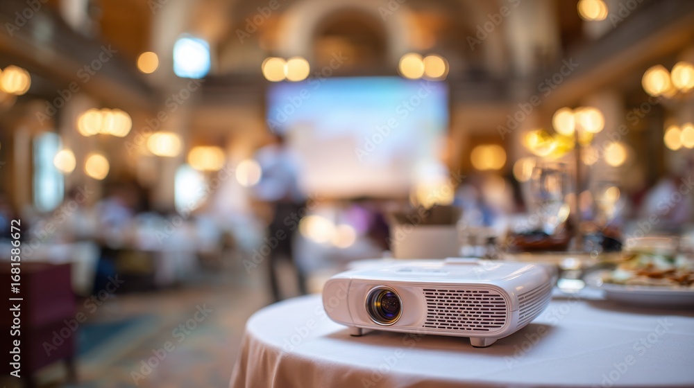 Poster focused medium shot of a sleek portable projector being set up on a table at an event space while or