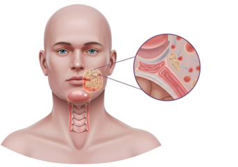 Medical illustration depicting a human face with a close-up view of a tumor and throat anatomy.
