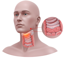 Illustration of a human head and neck showing the anatomy of the larynx, trachea, and vocal cords, with an enlarged view.