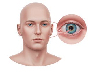 Illustration of a human head with a magnified view of the eye, highlighting the iris and pupil, against a white background.