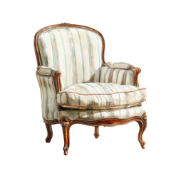 Ornate armchair with striped upholstery.  Wooden frame with sculpted details,  light-colored fabric with vertical stripes