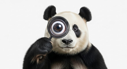 A panda bear holding a magnifying glass up to its eye, looking curiously at the viewer.