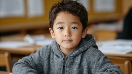 A young boy with curly hair sits at a desk in a classroom, looking thoughtful. The setting is educational and promotes learning and curiosity.
