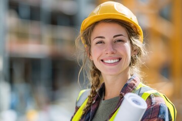A young female construction worker stands at a busy construction site, smiling while holding blueprints. She wears a hard hat and safety vest