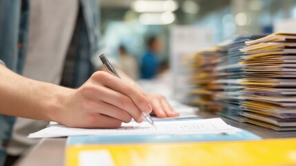 Medium shot of an international student asking questions to a blurred compliance officer during a visa eligibility QA session in a modern study hall.