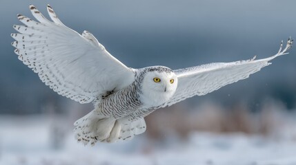 Snowy owl in flight over snow (1)
