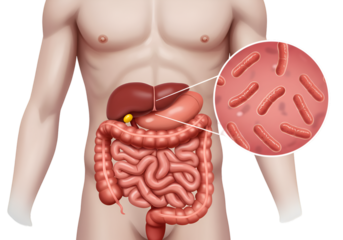 Human digestive system illustration, highlighting intestinal bacteria.