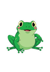 Cute green frog smiling cheerfully with big black eyes and pink cheeks sitting on a white background with spread legs and webbed feet