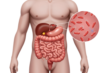 Human digestive system illustration highlighting intestinal bacteria.