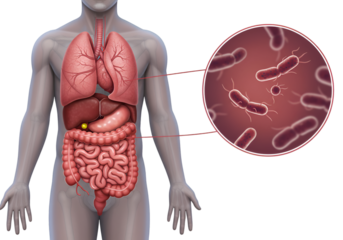 Human digestive system with highlighted gut bacteria illustration.