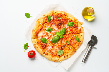 Pizza Margarita on white background.