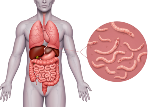 Detailed anatomical illustration of the human body, highlighting internal organs and parasitic worms.