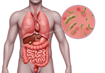 Human torso anatomy illustration highlighting digestive system with magnified bacteria.