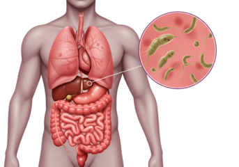 Human torso anatomy illustration highlighting digestive system with magnified bacteria.