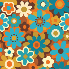Boho floral abstraction seamless pattern.  Retro 70's. Vector illustration