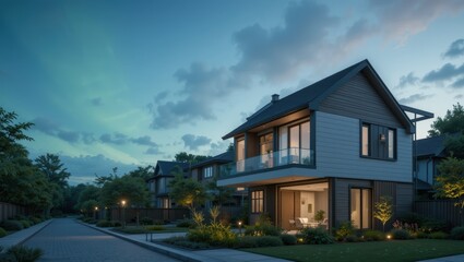Modern Residential House with Balcony Illuminated by Soft Evening Lights in Peaceful Neighborhood