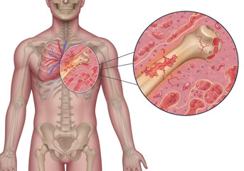 Illustration depicting the human skeletal system with a magnified view of bone marrow affected by a disease or condition.