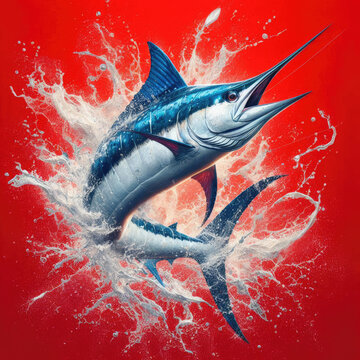 Intense Atlantic blue marlin erupts from waves on red gradient with foam. Perfect for sport fishing outfits, tees, souvenirs, embodying angling hobby