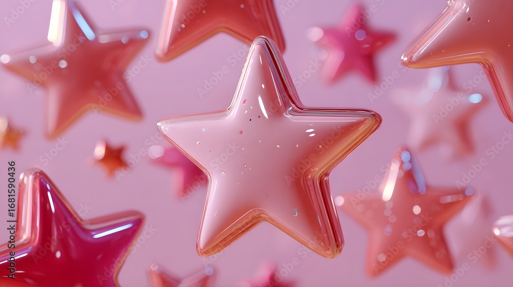 Poster floating glossy pink stars on a soft colorful background in an abstract design