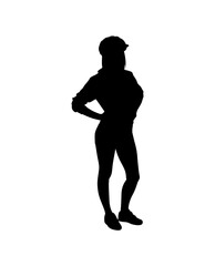 A bold, full-body silhouette of a young woman wearing a construction-style hard hat and athletic apparel.