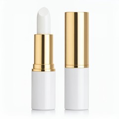 Elegant white lipstick tube with golden accents, showcased with pristine clarity on white background