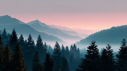 Fototapeta premium Serene Mountain Landscape at Sunset with Mist and Dense Forest in the Foreground