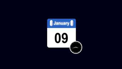 January 09 Daily Calendar with clock icon animation on transparent background. Calendar with the date january 09 on a black background. calendar banner colors blue and white