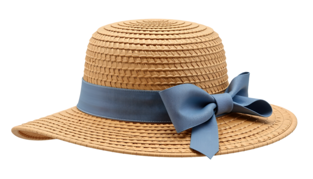 Straw boater hat with blue ribbon, summer accessory, woven texture, classic style, elegant, cheerful vibe