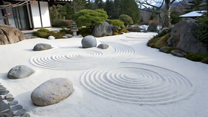 Serene garden scene with sand patterns, smooth rocks, lush greenery, and peaceful outdoor space for contemplation and relaxation.