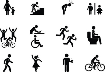Vector set of people activity icons including walking, biking, wheelchair use, restroom, running, parenting, and sitting, in simple black pictogram style.