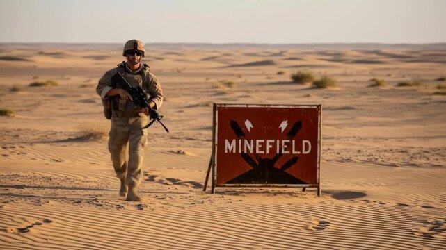 One soldier walking in desert minefield with rifle, danger and military concept.