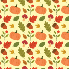 Seamless autumn pattern with pumpkins, leaves, acorns, and mushrooms in flat style