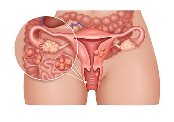 Female reproductive system illustration highlighting potential ovarian cysts and related abdominal structures.