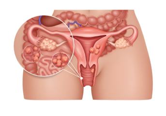 Female reproductive system illustration highlighting potential ovarian cysts and related abdominal structures.