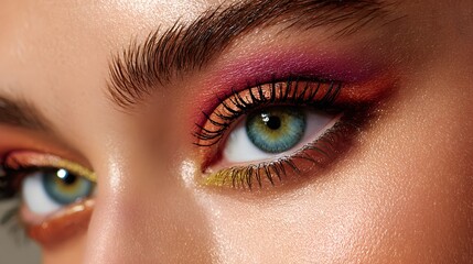 Obraz premium Closeup of Beautiful Eyes Showcasing Vibrant Makeup with Glitter and Bold Colors