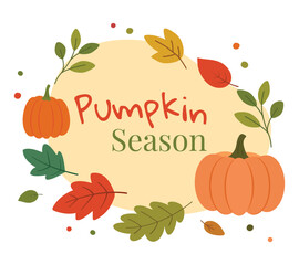 Pumpkin season autumn illustration with leaves and pumpkins in flat style