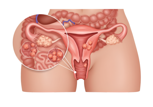 Female reproductive system illustration highlighting potential ovarian cysts and related abdominal structures.