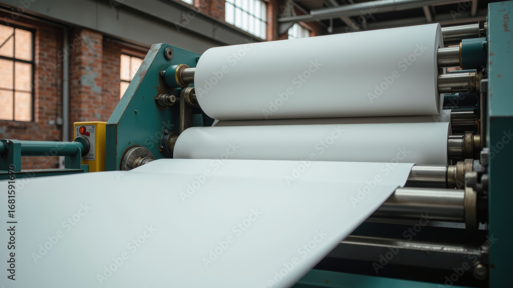 Poster rolling paper machine factory setting, showcasing large white sheets being processed. industrial env