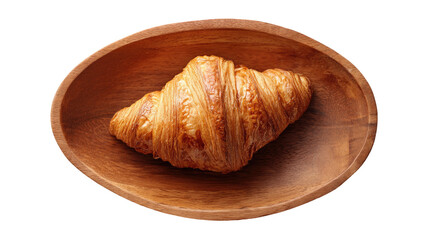 Single golden croissant in a light brown wooden oval bowl, top view