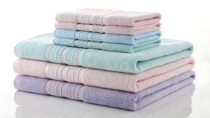 Stack of Soft, Folded Bath Towels in Pastel Colors for a Spa or Home Interior Design Aesthetic.