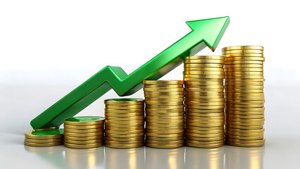 3d golden coins stacked with green upward arrow representing financial growth success 