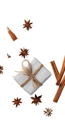 White gift box surrounded by cinnamon sticks and star anise, in a  levitating, festive arrangement
