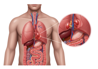 Medical illustration of a human torso, highlighting a tumor in the thymus gland and surrounding organs.