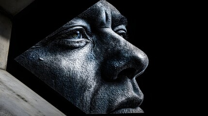 Close-Up View of an Abstract Human Face Sculpture with Textured Details and Dramatic Lighting