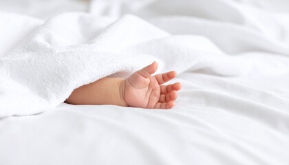 白いタオルケットから小さな赤ちゃんの手がのぞくシーン　柔らかな光と清潔感のある背景が新生児や育児、子育て、家族愛を表現するやさしい写真　ベビーフォトや医療・教育素材にも適した構図