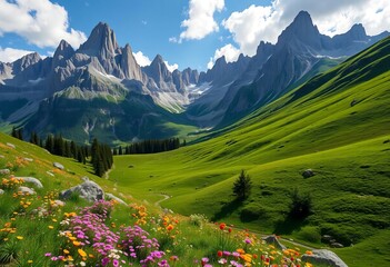 Fototapeta premium Jagged peaks rise above a serene alpine valley, wildflowers dotting green meadows, beautiful, rocks