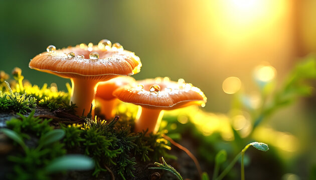 Fresh Wood Ear Mushrooms with Dew Drops Macro Photography, Nature Close-Up, Forest Fungi, Bokeh Background